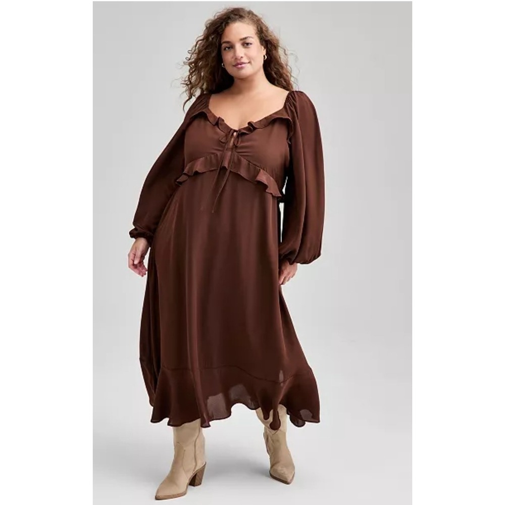 Macys Prairie Milkmaid Peasant Boho Dress Ruffle Empire Waist Brown Size 1X